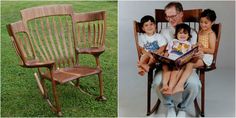 an old man sitting in a rocking chair with two young children on his lap reading a book