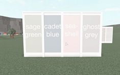 an animated image of three doors with the words sage cadet sea - ghost, green blue shell grey