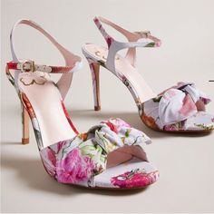 Open Toe Heeled Sandals Buckle Fastening Bow Embellishment Floral Print Heel Height 9.5 Cm Nwob And Tag Not Attached Rose Gold Block Heels, Point Heels, Ted Baker Heels, Pink Suede Pumps, Ted Baker Shoes, Butterfly Heels, Gold Block Heels, Black Suede Pumps, Bow Heels