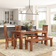 a wooden table and chairs in a room with white walls, hardwood flooring and large windows