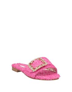 rhinestones, solid colour with appliqués, fabric inner, round toeline, flat, leather sole, contains non-textile parts of animal origin, slide sandals , Color: Fuchsia , Size: 5.5 Embellished Open Toe Mules For Summer, Spring Embellished Sandals With Single Toe Strap, Spring Embellished Open Toe Mules, Embellished Open Toe Mules For Spring, Party Sandals With Textured Footbed And Slip-on Design, Capri Sandals, Color Fuchsia, Solid Colour, Slide Sandals