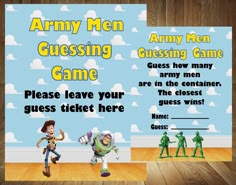 an army men guess game is displayed on a wooden floor