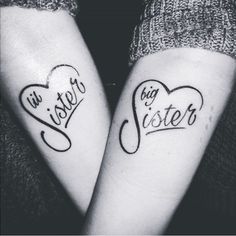 two people with matching tattoos that say we are sister and big sister on their arms