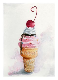 watercolor painting of an ice cream cone with a cherry on top and sprinkles