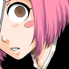 an anime character with pink hair and big eyes