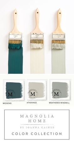 three different shades of paint with the words magnolia home on them and an image of two brushes