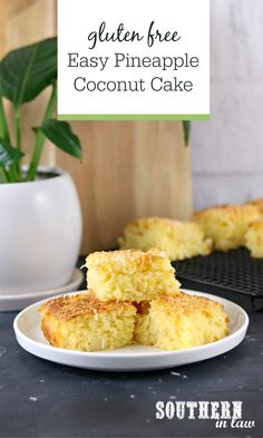 gluten - free easy pineapple coconut cake on a white plate with text overlay