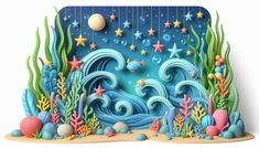 an ocean scene made out of paper with stars and waves