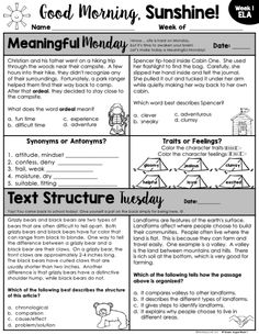 the text structure worksheet for reading and writing with pictures on it, including an image