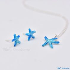 OrcaJump - S925 Sterling Silver Blue Starfish Necklace and Earrings Set - Suitable for Pierced Ears Ocean-inspired Sterling Silver Starfish Jewelry, Elegant Blue Starfish Charm Jewelry, Elegant Blue Jewelry With Starfish Charm, Sterling Silver Starfish Earrings, Blue Starfish Charm Earrings For Gift, Silver Sterling Starfish Charm Earrings, Silver Sterling Silver Starfish Charm Earrings, Silver Sterling Silver Starfish Earrings, Blue Sterling Silver Necklaces With Starfish Charm