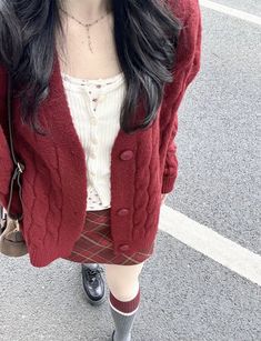 Outfits With Red Cardigans, Skirt And Cardigan Outfit, Red Cardigan Outfit, Her Drawing, School Homework, Autumn Fits, Outfit Check, Red Fits, Red Cardigan