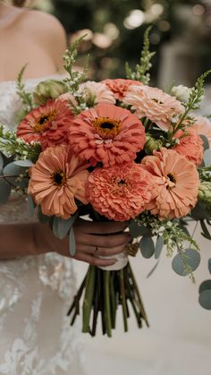 Peach and Coral Zinnia Hand-tied Bouquets Zinnias Bouquet, Coral Flower Arrangements, Zinnia Bouquet Ideas, Coral Bouquet, Wedding Zinnias, Fall Zinnia Bouquet, Zinnia Sunflower Bouquet, Zinnia Bridal Bouquet, Wedding Flowers Zinnias