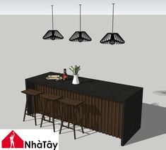 an image of a bar with stools in the middle and three lights above it