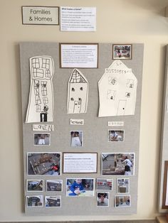 a bulletin board with pictures and drawings on it in front of a door that says families & homes