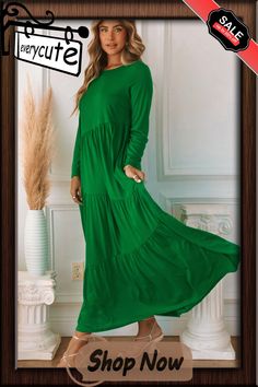 Green Asymmetrical Tiered Long Sleeve Maxi Dress Casual Asymmetrical Midi Dress For Fall, Green Midi Dress With Asymmetrical Hem For Fall, Casual Solid Asymmetrical Midi Dress, Casual Solid Color Asymmetrical Midi Dress, Green Asymmetrical Midi Dress Casual, Green Asymmetrical Midi Dress Casual Style, Casual Green Asymmetrical Maxi Dress, Casual Green Asymmetrical Midi Dress, Casual Solid Maxi Dress With Asymmetrical Hem