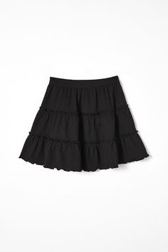 HALLIE TIERED SKIRT Black Flared Mini Skirt With Elastic Waistband, Black Tiered Mini Skirt For Spring, Black Relaxed Fit Tiered Skort, Black Flowy Mini Skirt For Spring, Black Tiered Skirt With Elastic Waistband, Black Tiered Skort For Summer, Black Tiered Skort, Black Mini Skirt With Elastic Waistband And Relaxed Fit, Black Ruffled Tiered Skirt