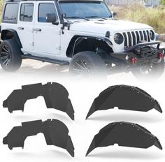 the front and rear fenders of a white jeep with four different angles on it