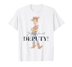 a white t - shirt with an image of woody from toy story