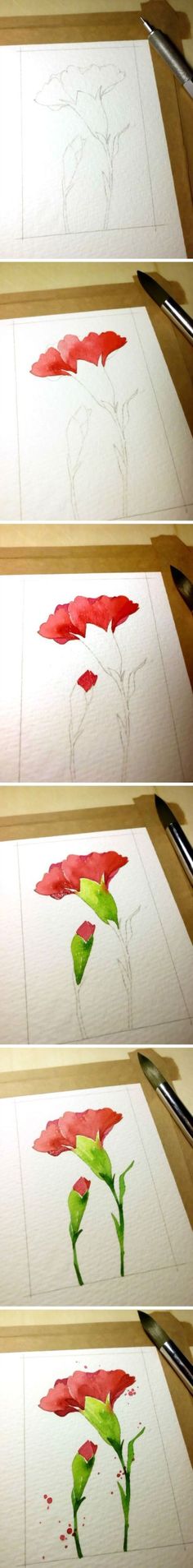 four different images of red and green flowers on white paper with black marker pens in front of them