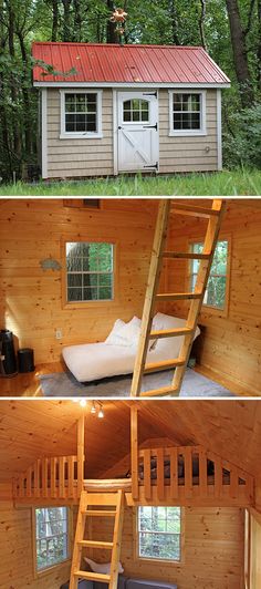 the inside and outside of a small cabin with stairs leading up to a loft bed