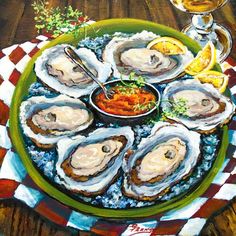 an oil painting of oysters on a green plate