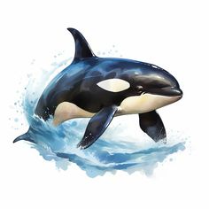 an orca jumping out of the water with splashes on it's face