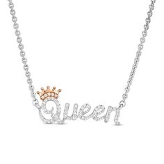 Proclaim your regal status with this charming diamond necklace. Created in sterling silver, this majestic look features the word "Queen" sculpted in a diamond-touched script font. A 10K rose gold crown shimmers with diamonds atop the "Q" to complete the style. Radiant with 1/6 ct. t.w. of diamonds and a bright polished shine, this design suspends centered along an 18.0-inch cable chain that secures with a spring-ring clasp. Sterling Silver Name Necklace With Diamond Accents, Formal Diamond Name Necklace, Rose Gold Diamond Necklace With Sterling Silver Accents, Betty Boop Jewelry, Queen Necklace, Rose Gold Crown, Font A, Rose Necklace, Gold Crown