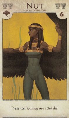 the card for nuit goddess of the stars, showing an egyptian woman with large black wings