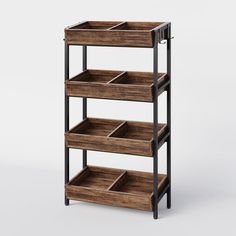 three tiered wooden shelf with black metal legs and shelves on each side, one is empty