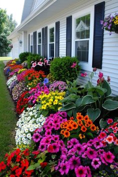 colorful flowers line the side of a white house