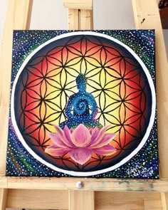 a painting of a buddha sitting on top of a lotus flower in front of a colorful background