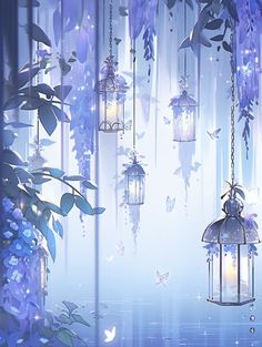 an artistic scene with blue flowers and hanging lantern lights in the middle of the night