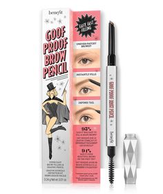 Goof-Proof Eyebrow Pencil | This eyebrow pencil helps create bold brows in a snap. Like the name implies, the applicator is easy to use and is filled with a glide-on formula to thicken and shape brows. The built-in spoolie blends color in just a few swipes. Benefit Goof Proof, Goof Proof Brow Pencil, Eye Pencil Makeup, Waterproof Eyebrow Pencil, Spoolie Brush, Waterproof Eyebrow, Easy Shape