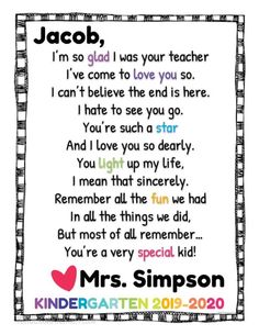 a teacher's poem with the words, i'm so glad i was your teacher