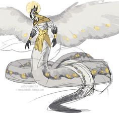 a drawing of an angel sitting on top of a snake with its wings spread out