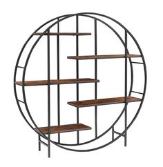 a round metal shelf with wooden shelves on it