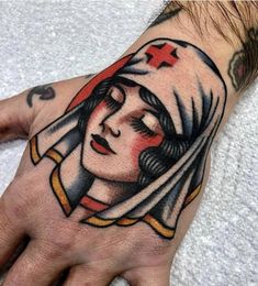 Traditional Nurse Tattoo, Trad Woman, Traditional Tattoo Outline, Traditional Hand Tattoo, Sick Tattoos, Old School Tattoos, Face Tattoos For Women