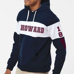 "Custom & Vintage Howard U HBCU College Apparel, Graphic Tees, Hoodies, Sweatshirts, and More Howard Univ Apparel For Both Howard Students and Howard Alumni. Black owned, HBCU alumni operated apparel company specializing in academic wear. This Howard U product is handmade in Atlanta, GA with materials purchased from local Atlanta vendors. We use only the best material, printing, and packaging. Orders typically ship much faster than posted timeframes.  Color Block Hoodie Specific Details/Specifications 8 oz./yd², 60/40 cotton/polyester sueded fleece Double-needle stitched throughout Three-piece jersey lined, contrast-color hood with sewn eyelets and contrast-color drawcord Contrast-color self-fabric panels on chest and arms Contrast twill tape at back of neck Side seams Set-in pouch pocket Collegiate Crew Neck Top With Drawstring Hood, Collegiate Hoodie Tops For College, Collegiate Style Hoodie For College, College Crew Neck Top With Drawstring Hood, Crew Neck Top With Drawstring Hood For College, Collegiate White Sweatshirt With Drawstring Hood, White Collegiate Sweatshirt With Drawstring Hood, Collegiate Hooded Tops For College, Navy Cotton Collegiate Sweatshirt