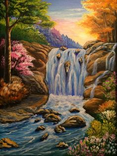 a painting of a waterfall with trees and rocks in the foreground, surrounded by flowers