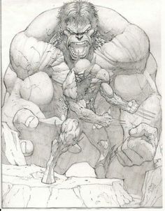 a pencil drawing of the incredible hulk and his two friends in front of a mountain