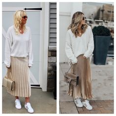 Satin Pleated Skirt Outfit, White Gold Outfit, Skirt Fashion Outfits, Gold And White Outfit, Pleated Outfit, Cute Fall Outfits For Women, Gold Pleated Skirt, Satin Pleated Skirt, Pleated Skirt Outfit