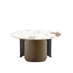 a round table with two metal bases and a white marble top, against a white background