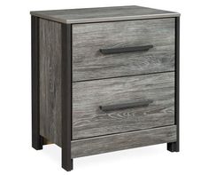 a gray wooden nightstand with two drawers