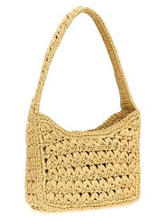 '3. 5' crocheted raffia shoulder bag, magnetic closure, front logo embroidery. Composition: 100% viscose Casual Straw Shoulder Bag With Intrecciato Weave, Straw Bags With Intrecciato Weave For Spring, Summer Beige Crochet Bag With Intrecciato Weave, Beige Crochet Bag With Intrecciato Weave For Beach, Straw Intrecciato Weave Shoulder Bag, Beach Shoulder Bag With Intrecciato Weave In Straw, Intrecciato Weave Crochet Shoulder Bag For Vacation, Beige Intrecciato Weave Straw Bag, Beige Intrecciato Weave Crochet Beach Bag