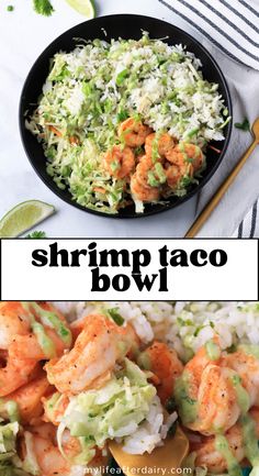 shrimp and coleslaw salad with limes in a black bowl on a white tablecloth