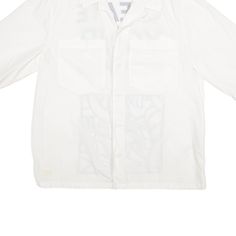 Item is in good used condition. >Size: L >Armpit To Armpit: 22" >Armpit To Cuff: 8" >Collar To Hem: 29" Spring Long Sleeve Camp Shirt With Pockets, White Camp Shirt For Spring Streetwear, Relaxed Fit Long Sleeve Camp Shirt With Graphic Print, Long Sleeve Camp Shirt With Graphic Print For Spring, White Cotton Camp Shirt For Streetwear, White Casual Nylon Tops, White Collared Camp Shirt Streetwear, White Collared Camp Shirt For Streetwear, Plain Shirt