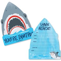 Shark Zone Fill-In the Blank Invitation Set INCLUDES 12 jawsome shark party invitations and 12 premium white envelopes. Shark Zone fill-in invitation is perfect for any event. The shark theme is great for a baby shower or birthday party. Shark week party invitations SIZE 5 inches by 6.75 inches. The included envelopes measure 5 inches by 7 inches. The back of each Shark Zone baby shower or birthday party invitation has space to add your party details: For: Date: Time: Place: Given By: RSVP: PREM Shark Party Invitations, Jawsome Shark, Shark Week Party, Shark Birthday Invitations, Shark Themed Birthday Party, Birthday Party Set, Shark Birthday Party, Shark Party, Shark Birthday