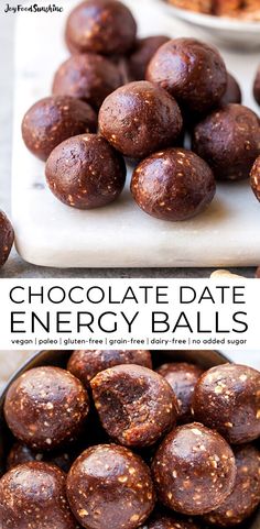 chocolate date energy balls on a cutting board with nuts in the background and text overlay