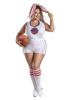 a woman in a white bodysuit holding a basketball and posing for the camera with her hands on her head