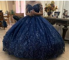 Blue Princess Gown For Debutante Ball, Big Puffy Dresses Ball Gowns Blue, Blue Floor-length Quinceanera Dress, Royal Blue Tulle Ball Gown For Quinceanera, Elegant Blue Floor-length Quinceanera Dress, Quince, Ball Gowns, Formal Dresses